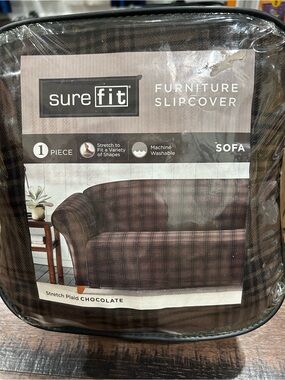 NWT Sure Fit Chocolate Plaid Stretch Sofa Slipcover